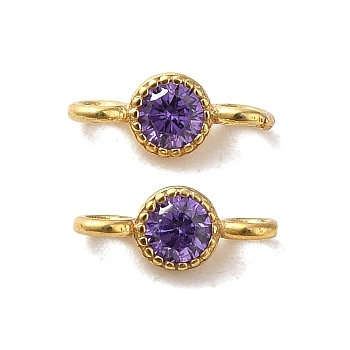 925 Sterling Silver Pave Cubic Zirconia Connector Charms, Half Round Links with 925 Stamp, Real 18K Gold Plated, Dark Orchid, 8.5x3.5x2.5mm, Hole: 1.5mm