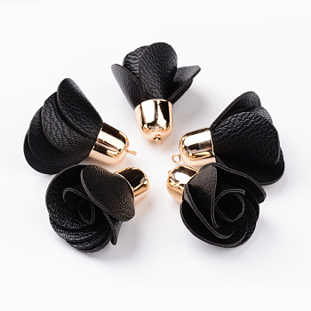 Rose Flower PU Leather Pendant Decorations, with Golden Plated CCB Plastic Findings, Black, 45~48x30mm, Hole: 2mm