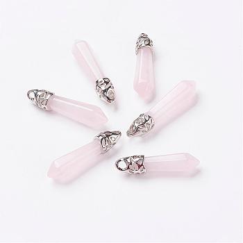 Natural Rose Quartz Pointed Pendants, with Platinum Tone Alloy Findings, Bullet, 33~40x8~9x8~9mm, Hole: 3x4mm