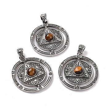 Natural Tiger Eye Pendants, Flat Round with Hexagram Charms, with Antique Silver Plated Alloy Findings, 42.5x37x8mm, Hole: 5.5x4mm