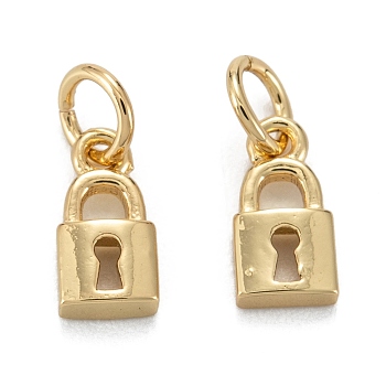 Brass Charms, with Jump Ring, Long-Lasting Plated, Lead Free & Nickel Free & Cadmium Free, Lock, Real 18K Gold Plated, 7.5x4x1.5mm, Jump Ring: 4x0.8mm, 2.5mm Inner Diameter