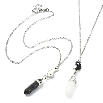 2Pcs 2 Style Natural Black Obsidian & White Jade Bullet Pendant Necklaces Set, Alloy Enamel Metch Couple Necklaces for Best Friends Lovers, Yin-yang, 17.60 inch(44.7cm), 1Pc/style