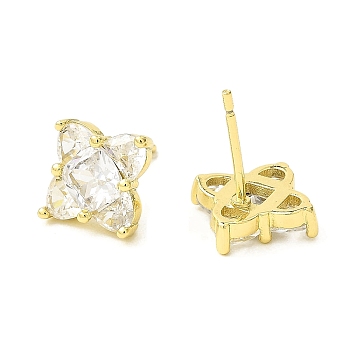 Rhombus Brass Micro Cubic Zirconia Stud Earrings, Long-Lasting Plated, Lead Free & Cadmium Free, Real 18K Gold Plated, 10.5x10.5mm