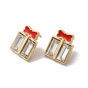 Christmas Enamel Bowknot Gift Box Alloy Glass Stud Earrings for Women, with 304 Stainless Steel Pin, Cadmium Free & Nickel Free & Lead Free, Light Gold, 17x14.5mm, Pin: 0.7mm