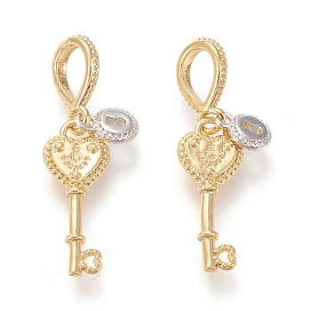 Brass Pendants, Long-Lasting Plated, Heart Key with Lock, Real 18K Gold Plated, 28mm, Hole: 4.5x6mm