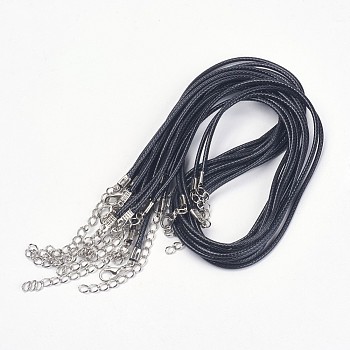 Imitation Leather Cord, Black, Platinum Color Iron Clasp and adjustable chain, for DIY Jewelry Crafting, Black, 17 inch, 2mm