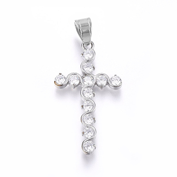 304 Stainless Steel Pendants, with Cubic Zirconia, Cross, Clear, Stainless Steel Color, 33x18x2.5mm, Hole: 5x7mm