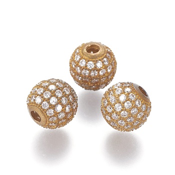Brass Micro Pave Cubic Zirconia Beads, Nickel Free, Round, Raw(Unplated), 10mm, Hole: 2.5mm