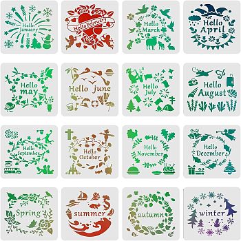 Plastic Drawing Painting Stencils Templates Sets, Month, Mixed Patterns, 30x30cm, 16pcs/set