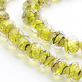 Handmade Gold Sand Lampwork Rondelle Beads Strands, Faceted, Green Yellow, 12x9mm, Hole: 1mm, 40pcs/strand, 14.2~15.4 inch