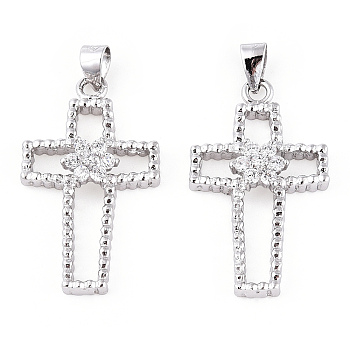 Rhodium Plated 925 Sterling Silver Micro Pave Clear Cubic Zirconia Pendants, Hollow Religion Cross Charms wit 925 Stamp, Real Platinum Plated, 29x17x5mm, Hole: 3.5x4.5mm