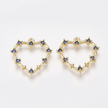 Brass Cubic Zirconia Pendants, Nickel Free, Real 18K Gold Plated, Heart, Marine Blue, 18~19x18~19x2.5mm, Hole: 1mm