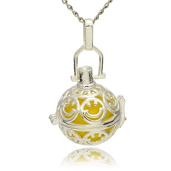 Silver Color Plated Brass Hollow Round Cage Pendants, with No Hole Spray Painted Brass Round Ball Beads, Yellow, 35x25x21mm, Hole: 3x8mm