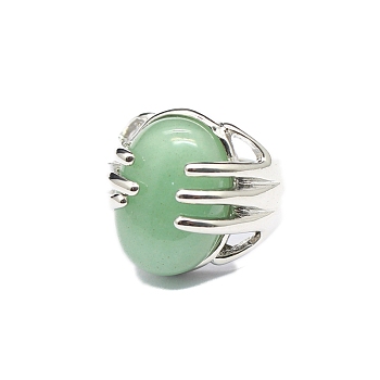 Oval Natural Aventurine Adjustable Rings, Palm Metal Jewely for Women, Inner Diameter: Adjustable