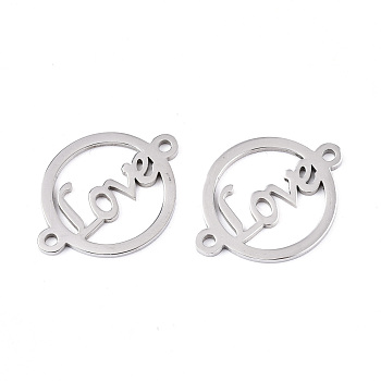 201 Stainless Steel Links Connectors, Laser Cut, for Valentine's Day, Flat Round with Word Love, Stainless Steel Color, 16x21x1mm, Hole: 1.2mm