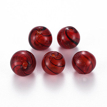 Transparent Handmade Blown Glass Globe Beads, with Glitter Powder, Stripe Pattern, Round, Dark Red, 13.5~14.5mm, Hole: 1~2mm