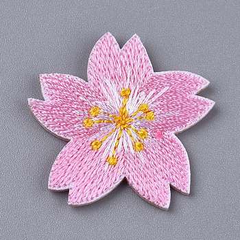 Computerized Embroidery Cloth Self Adhesive Reusable Patches, Stick on Patch, for Kids Clothing, Jackets, Jeans, Backpacks, Sakura, Pearl Pink, 36x33x2mm