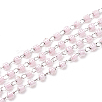 TOHO Japan Import Seed Beads, Handmade Glass Beaded Chains, Soldered, Opaque Colours Lustered, with Spool, Stainless Steel Findings, Column, Stainless Steel Color, Pink, 2mm, about 26.24 Feet(8m)/roll(CHS-S003-04B)