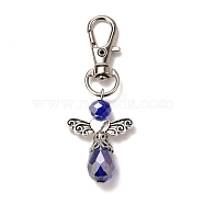 Faceted Teardrop Glass Pendants, with Faceted Glass Beads, Alloy Heart Beads & Swivel Lobster Claw Clasps, Iron Pins & Bead Caps, Angel, Blue, 63mm, Pendant: 34x23.5x9.5mm(HJEW-JM00536-03)