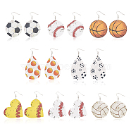 8 Pairs 8 Styles Baseball & Basketball & Volleyball PU Leather Dangle Earrings, Platinum Iron Sport Theme Long Drop Earrings for Women, Mixed Color, 60.5~84mm, Pin: 0.8mm, 1 Pair/style(EJEW-AN0001-39)