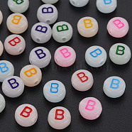 Acrylic Beads, Glow in the Dark, with Enamel and Luminous, Horizontal Hole, Flat Round with Alphabet, Letter.B, 6.5x7x4mm, Hole: 1.6mm, about 3600pcs/500g(MACR-N008-58B)