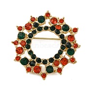 Rhinestone Alloy Brooches, Christmas Enamel Pins, Christmas Wreath, 42.5x41mm(JEWB-M047-02G-05)