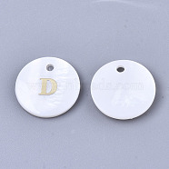 Natural White Shell Mother of Pearl Shell Charms, with Iron Sticker, Flat Round with Letter, Letter.D, 13x2mm, Hole: 1.5mm(SSHEL-N036-053D)