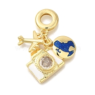 Brass Cubic Zirconia Travel European Dangle Charms, Plane & Camera & Map Enamel Large Hole Pendants, Real 16K Gold Plated, Blue, 33mm, Hole: 5mm(KK-R002-20G-03)