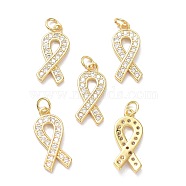 Brass Micro Pave Clear Cubic Zirconia Pendants, with Jump Ring, Long-Lasting Plated, Awareness Ribbon Shape, Real 18K Gold Plated, 21x9x2mm, Jump Rings: 5x1mm, 3mm Inner Diameter(ZIRC-L100-119G)