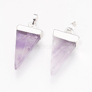 Natural Amethyst Pendants, with Brass Findings, Triangle, Silver, 27~29x12~13x4~5mm, Hole: 4x6mm(G-E493-O04-S)