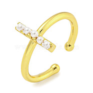 Rack Plating Brass Open Cuff Rings for Women, with ABS Imitation Pearl, Cadmium Free & Lead Free, Long-Lasting Plated, Letter, Letter I, Inner Diameter: 17mm, Letter I: 11.5x2mm(RJEW-F162-01G-I)