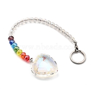 Chakra Heart Crystal Suncatcher Dowsing Pendulum Pendants, with 304 Stainless Steel Split Key Rings, Glass Beads, Velvet Bag, Stainless Steel Color, Colorful, 23.5cm(PALLOY-JF00461-03)