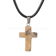 Natural Crazy Agate Cross Pendant Necklaces, with Imitation Leather Cords, 17.80 inch(45.2cm)(NJEW-JN04624-03)
