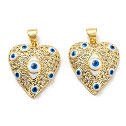 Brass Pave Cubic Zirconia Pendants with Enamel, with Jump Ring, Long-Lasting Plated, Lead Free & Cadmium Free, Heart with Evil Eye, Real 18K Gold Plated, 21x18x6mm, Hole: 5x3.5mm(KK-Z027-07G)