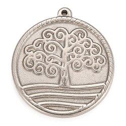 304 Stainless Steel Pendants, Flat Round with Tree of Life, Stainless Steel Color, 27.5x25x3mm, Hole: 1mm(STAS-Z016-17P)