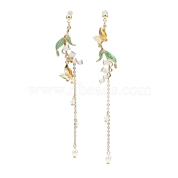 Asymmetrical Golden Alloy Enamel  Stud Earrings, Rhinestone Plastic Imitation Pearl Dangle Earrings for Women, Butterfly, 116x15mm(EJEW-Z061-01G-03)