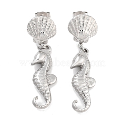 Sea Horse & Shell Shape 304 Stainless Steel Dangle Earrings, Stud Earrings for Women, Stainless Steel Color, 45x12.5mm(EJEW-L283-106P)