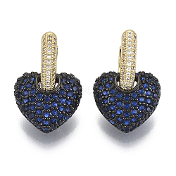 Brass Micro Pave Cubic Zirconia Dangle Huggie Hoop Earrings, Nickel Free, Heart, Real 16K Gold Plated, Blue, 21mm, Pin: 1mm(KK-R137-017A-NF)