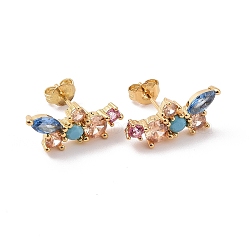 Colorful Cubic Zirconia Flower Stud Earrings, Rack Plating Brass Jewelry for Women, Cadmium Free & Lead Free, Real 18K Gold Plated, 7x17mm, Pin: 0.7mm(X-EJEW-C030-03G)