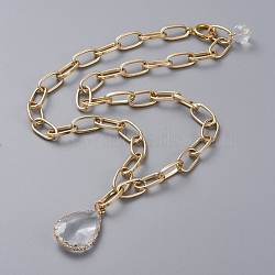 Aluminium Paperclip Chains Necklaces, with Glass Beads & Pendants and Brass Spring Ring Clasps, Teardrop, Clear, 20.07 inch(51cm)(NJEW-JN02694-01)