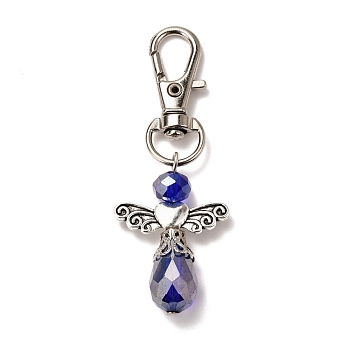 Faceted Teardrop Glass Pendants, with Faceted Glass Beads, Alloy Heart Beads & Swivel Lobster Claw Clasps, Iron Pins & Bead Caps, Angel, Blue, 63mm, Pendant: 34x23.5x9.5mm