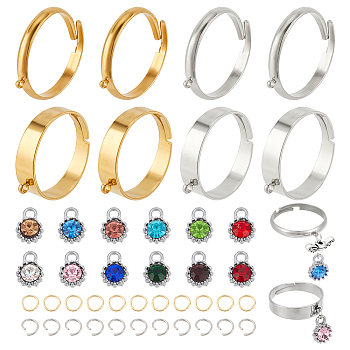 DIY Charm Adjustable Ring Making Kit, Including 304 Stainless Steel Loop Ring Bases, Alloy Glass Rhinestone Charms, Mixed Color, 72Pcs/box