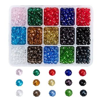 Glass Beads, Faceted, Rondelle, Mixed Color, 6x5mm, Hole: 1mm, 15 colors, 100pcs/color, 1500pcs/box