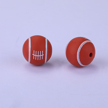 Printed Round with Rugby Pattern Silicone Focal Beads, Chocolate, 15x15mm, Hole: 2mm