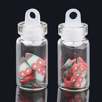 Handmade Polymer Clay Nail Art Decoration Accessories, with Glass Wishing Bottle and CCB Plastic Bottle Stopper, Red, 4~7x4~6x0.1~1mm, bottle: 27.5x11mm, hole: 3mm