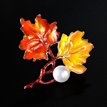 Alloy Enamel Broochm, with Plastic Imitation Pearl, Leaf, Gold, 56x55mm