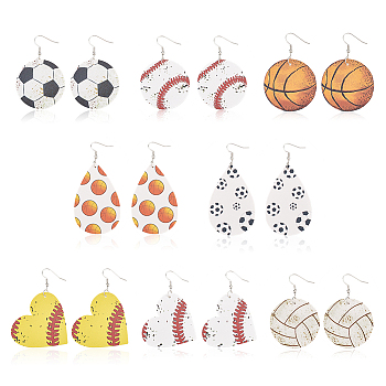 8 Pairs 8 Styles Baseball & Basketball & Volleyball PU Leather Dangle Earrings, Platinum Iron Sport Theme Long Drop Earrings for Women, Mixed Color, 60.5~84mm, Pin: 0.8mm, 1 Pair/style