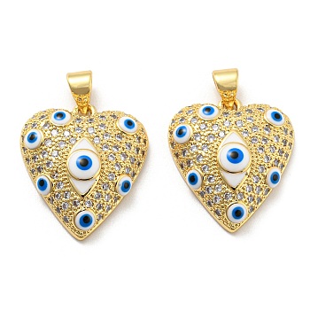 Brass Pave Cubic Zirconia Pendants with Enamel, with Jump Ring, Long-Lasting Plated, Lead Free & Cadmium Free, Heart with Evil Eye, Real 18K Gold Plated, 21x18x6mm, Hole: 5x3.5mm