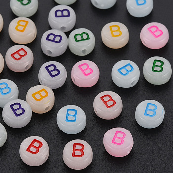 Acrylic Beads, Glow in the Dark, with Enamel and Luminous, Horizontal Hole, Flat Round with Alphabet, Letter.B, 6.5x7x4mm, Hole: 1.6mm, about 3600pcs/500g