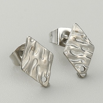 304 Stainless Steel Stud Earring Finding, with Hole, Stainless Steel Color, Rhombus, 12x8mm, Hole: 1mm, Pin: 0.6mm